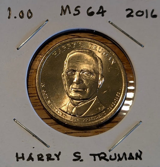 2016 Harry S. Truman Presidential Dollar MS64 coin with golden luster and crisp details in protective holder