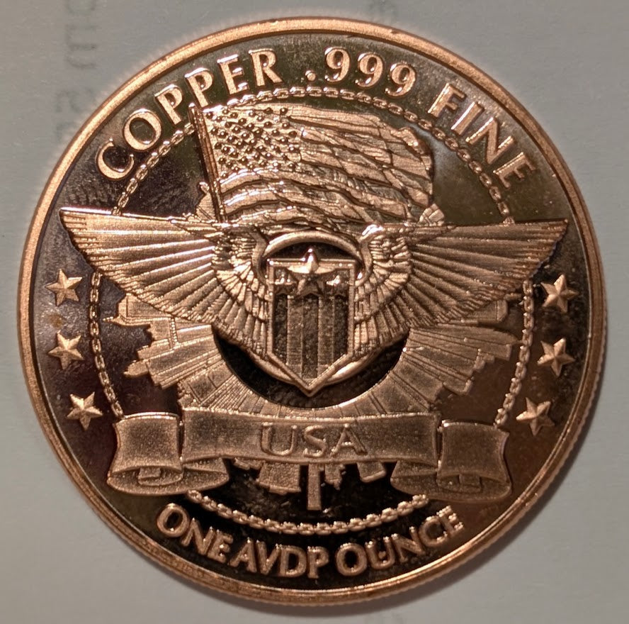 1 oz .999 Fine Copper Round with USA eagle, shield, and flag design, proof-like finish