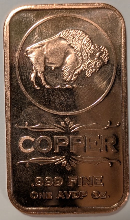 1 oz .999 fine copper bullion bar with Buffalo obverse and USA eagle reverse design