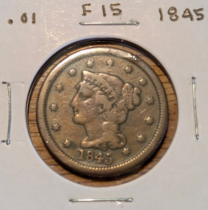 1845 Braided Hair Large Cent penny in fine condition with medium brown surface and clear date and lettering