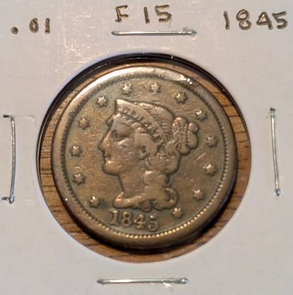 1845 Braided Hair Large Cent penny in fine condition with medium brown surface and clear date and lettering