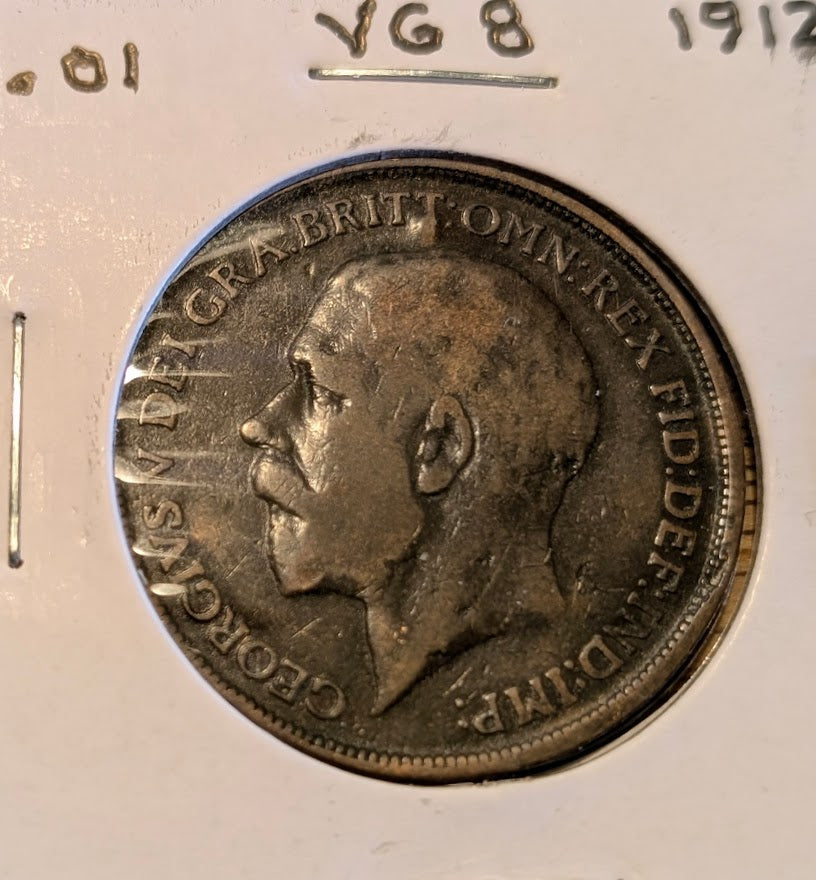 1912 Great Britain One Penny coin featuring King George V and seated Britannia design