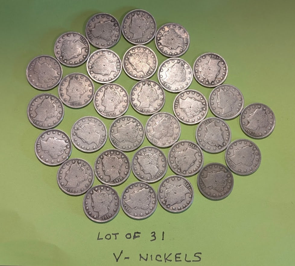 Lot of 30 Liberty Head "V" Nickels coins from 1898–1912, early U.S. five cent coins collection