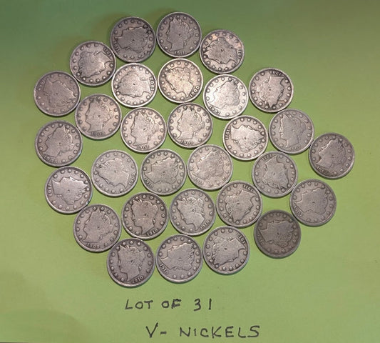 Lot of 30 Liberty Head "V" Nickels coins from 1898–1912, early U.S. five cent coins collection