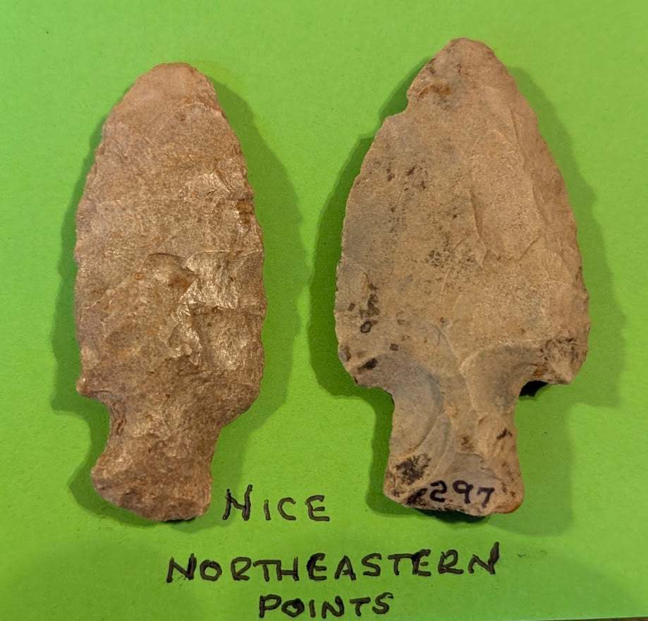 Pair of ancient Northeastern Native American stemmed stone projectile points with patina and old catalog number on display