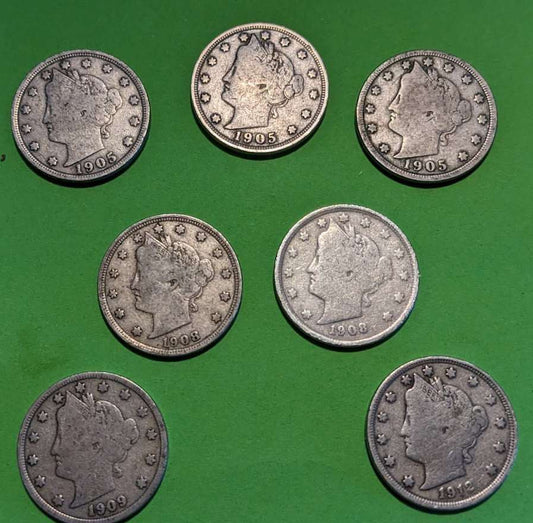 Lot of seven early 20th century Liberty Head "V" Nickels including 1905, 1908, 1909, and 1912 dates with circulated wear