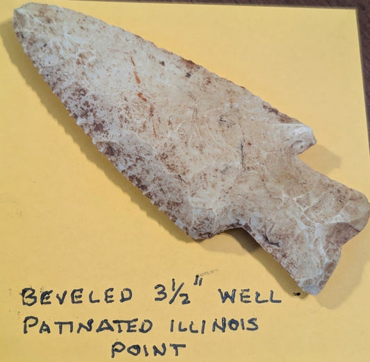 Large 3.5 inch beveled heavily patinated Illinois Native American chert projectile point