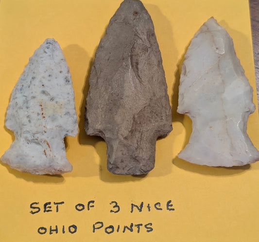 Set of 3 Ohio Native American stemmed chert projectile points with collector notation