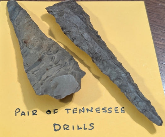 Pair of large Tennessee prehistoric Native American chert stone drills on yellow collector card