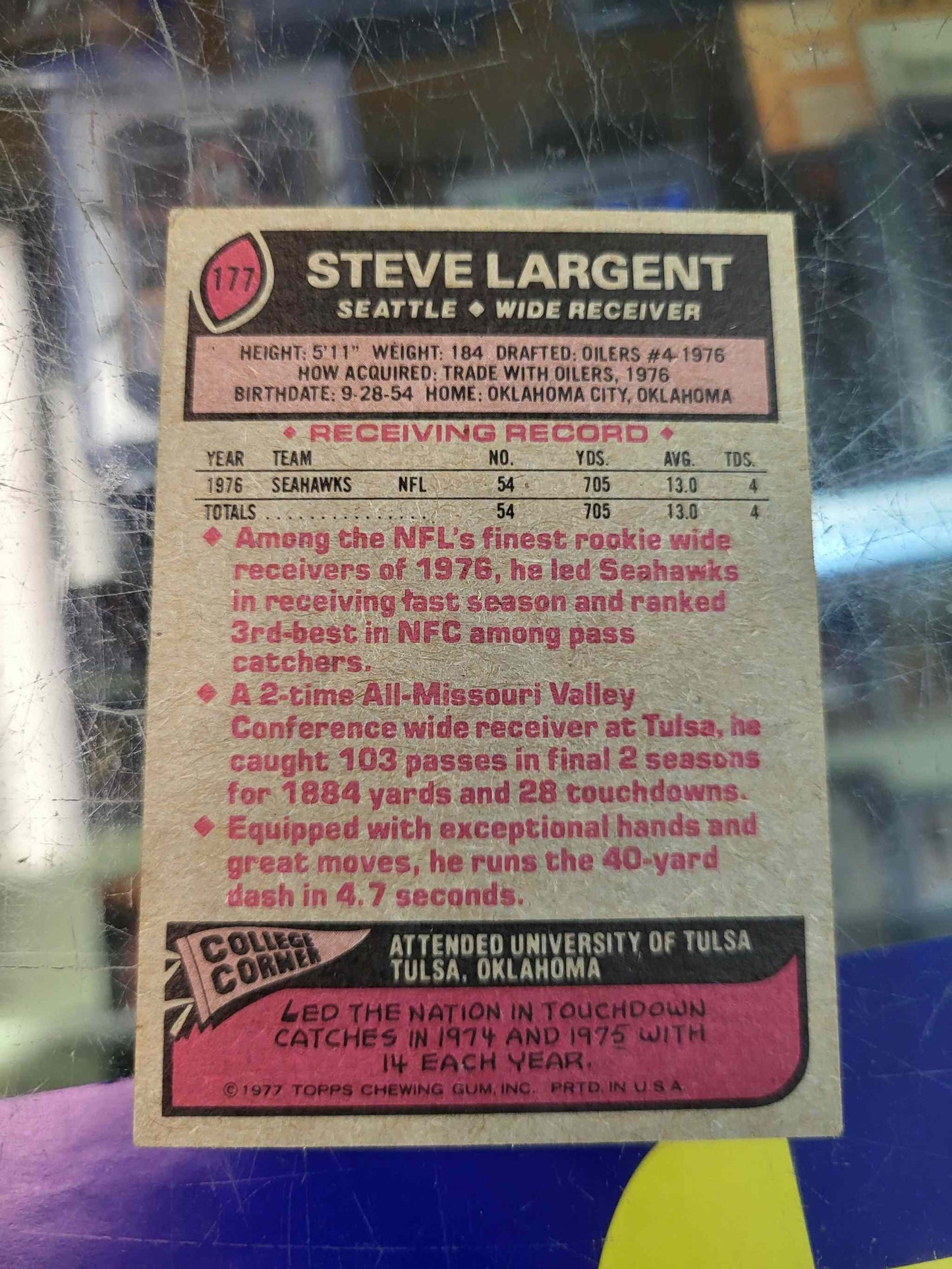 1977 Topps Football Rookie Steve Largent #177 Seattle Seahawks card.
