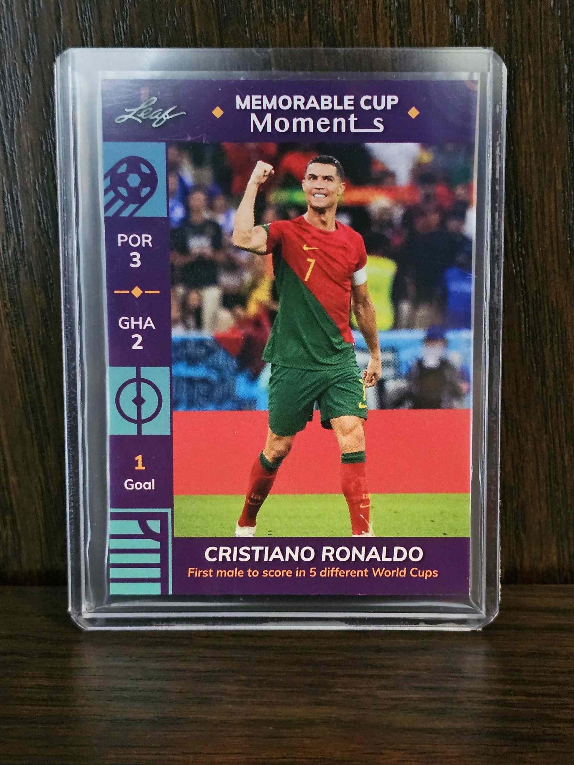 2022 Leaf Memorable Moments Cristiano Ronaldo card showcasing legendary soccer moments.