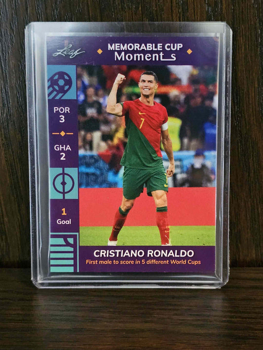 2022 Leaf Memorable Moments Cristiano Ronaldo card showcasing legendary soccer moments.