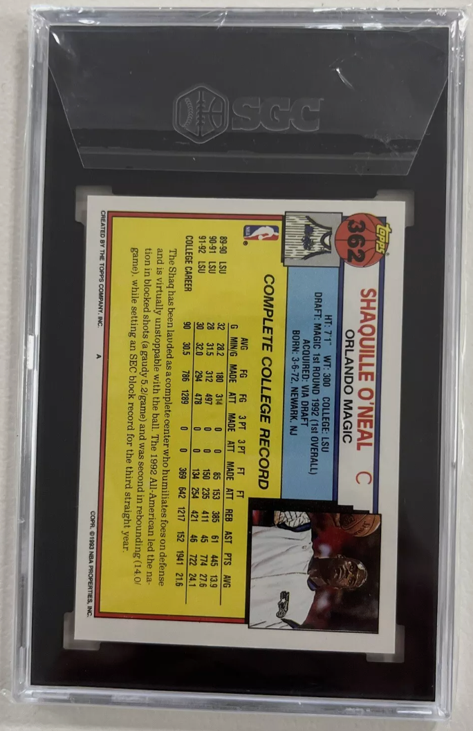 1992-93 Topps #362 Shaquille O'Neal Gold RC graded SGC 9.5 in protective case.