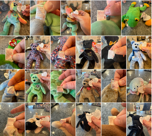 58 Beanie Babies with tags from 1990s-2000s collection displayed on a surface.