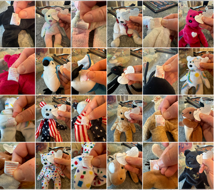 58 Beanie Babies with tags from the 1990s-2000s, including Y2k, USA, Peace, The End, Valentina, Millennium, Kicks.