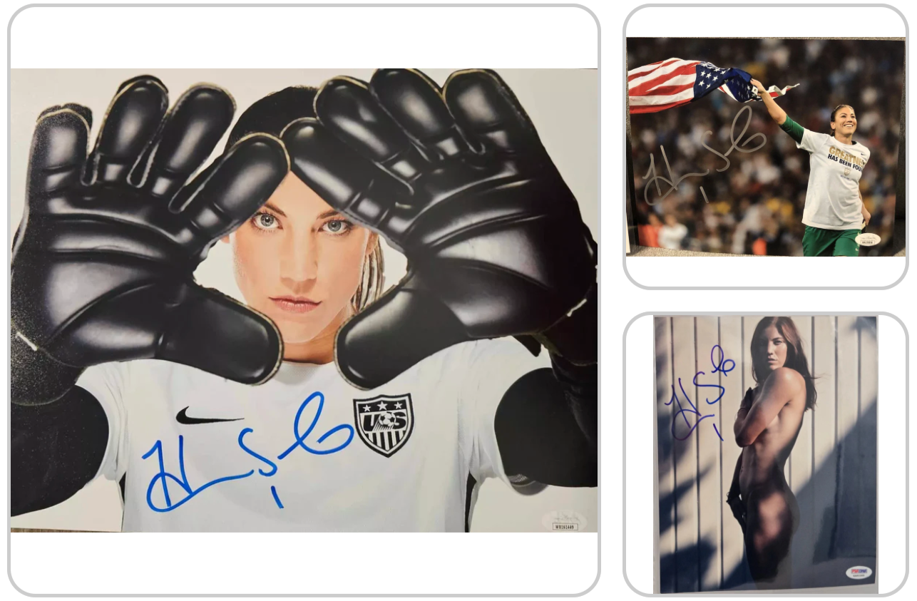 Hope Solo signed photo lot featuring iconic glove pose, victory flag celebration, and ESPN Body Issue portrait, PSA/DNA & JSA authenticated.