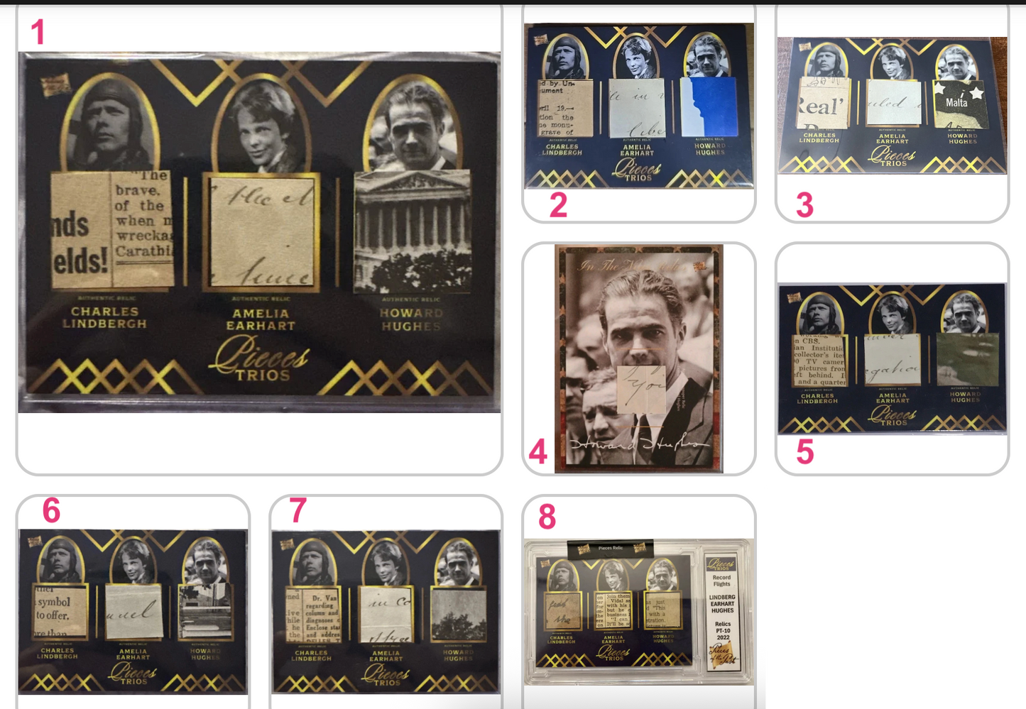 Rare aviation relic card set featuring fragments linked to Lindbergh, Earhart, and Hughes, part of the Pieces Trios collection.