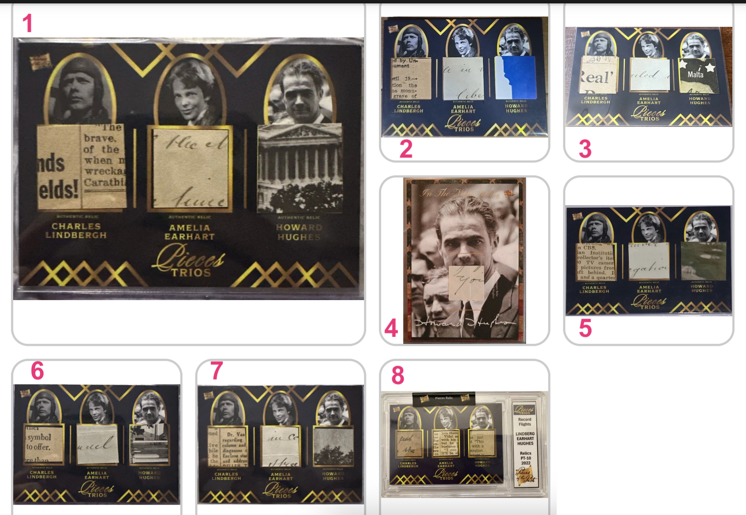 Rare aviation relic card set featuring fragments linked to Lindbergh, Earhart, and Hughes, part of the Pieces Trios collection.