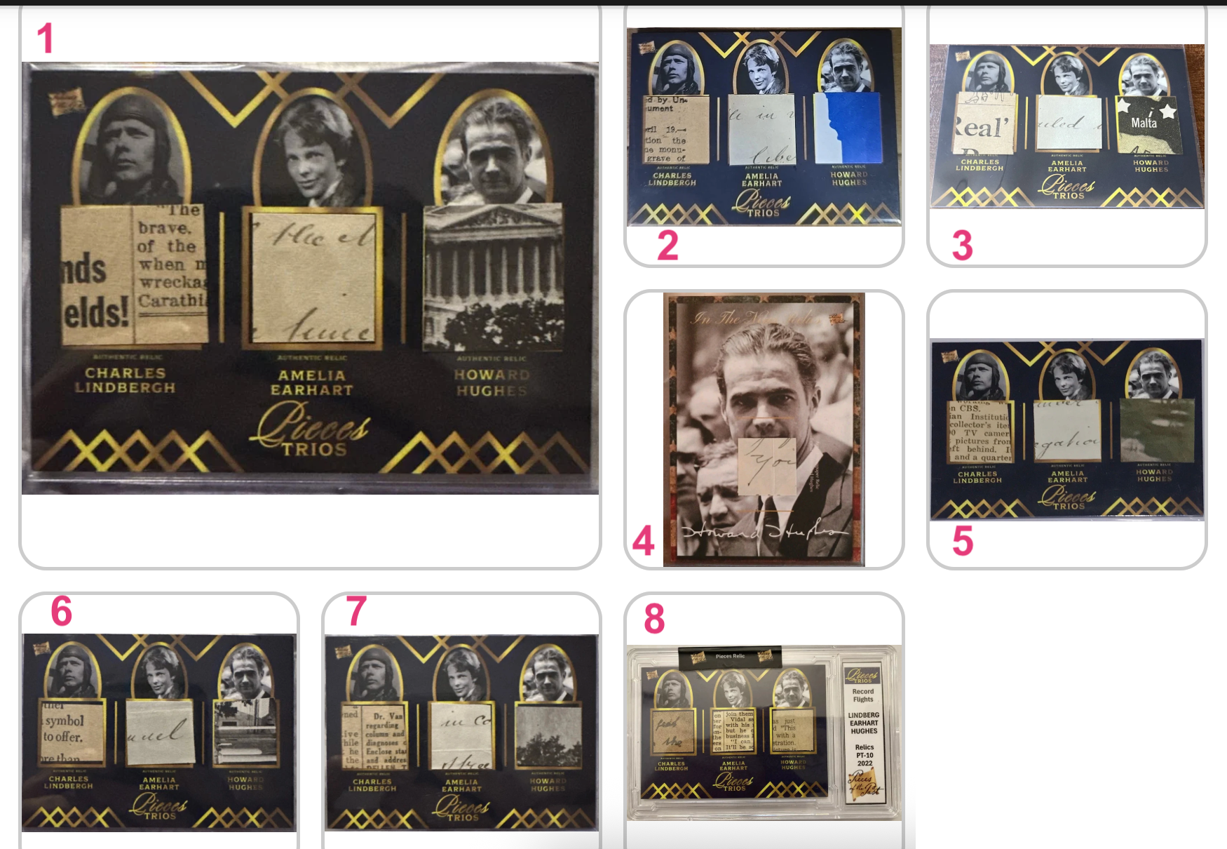 Rare aviation relic card set featuring fragments linked to Lindbergh, Earhart, and Hughes, part of the Pieces Trios collection.