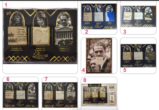 Rare aviation relic card set featuring fragments linked to Lindbergh, Earhart, and Hughes, part of the Pieces Trios collection.
