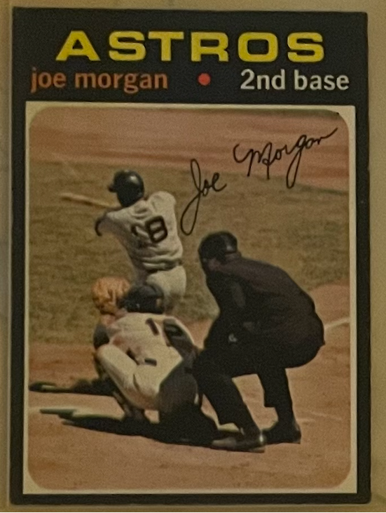 1971 Topps 264 Joe Morgan vintage baseball card featuring Houston Astros second baseman mid-swing with facsimile signature and black border design