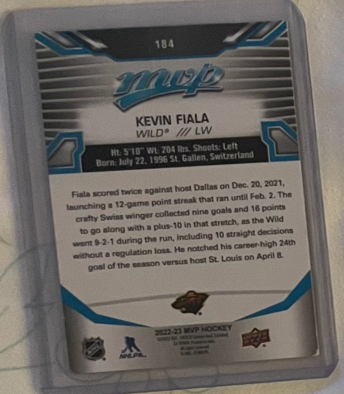 Kevin Fiala Autographed 2022-23 MVP Hockey Card (184) – Minnesota Wild