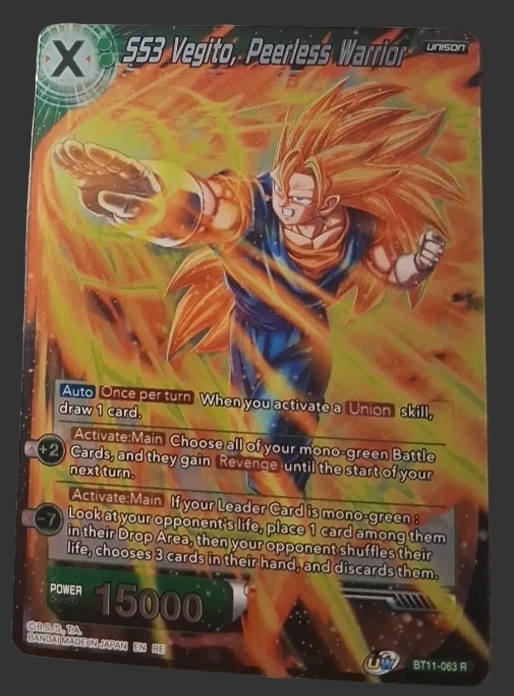 SS3 Vegito Peerless Warrior Secret Rare Dragon Ball Super BT11 card with fiery aura and power 15000