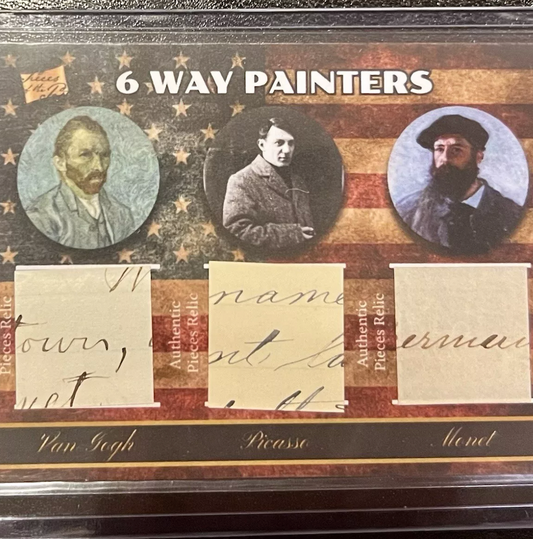 2022 Pieces of the Past Supercharged Edition 6-Way Painters manuscript relic card featuring authentic Van Gogh, Picasso, and Monet handwriting fragments