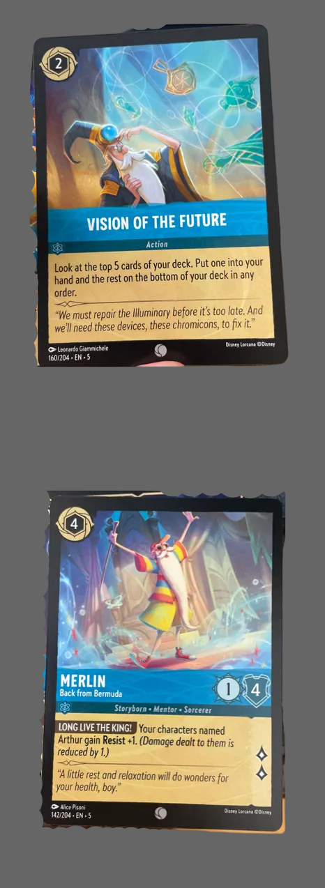 Disney Lorcana Merlin Bundle featuring Merlin Back from Bermuda and Vision of the Future cards from Shimmering Skies set