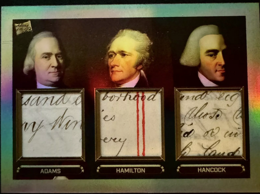 Founding Fathers manuscript relic card featuring handwriting fragments of Adams, Hamilton, and Hancock with patriotic holographic accents