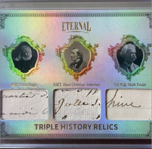 Triple Literary Giants manuscript relic card featuring handwriting fragments of Mark Twain, Hans Christian Andersen, and Victor Hugo on a holographic background