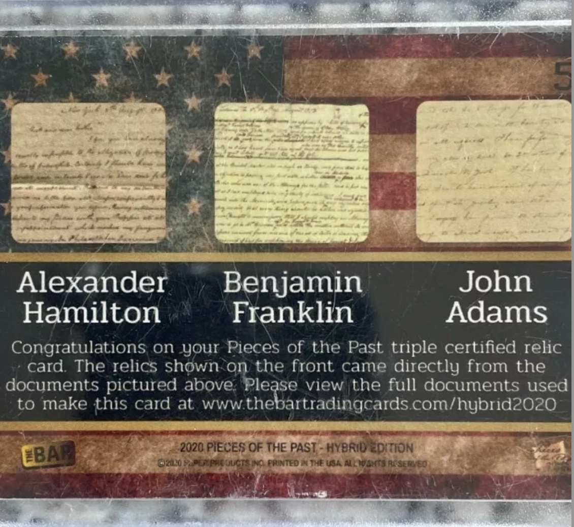 2020 Pieces of the Past Hybrid Edition American Greats Triple Handwriting Relic Card – Alexander Hamilton, Benjamin Franklin & John Adams