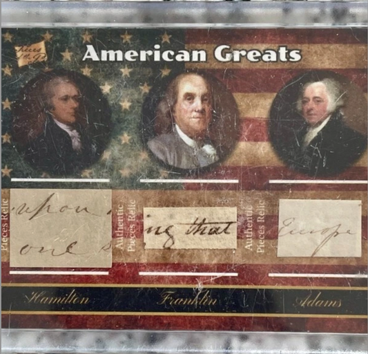 2020 Pieces of the Past hybrid edition triple relic card with manuscript fragments from Alexander Hamilton, Benjamin Franklin, and John Adams