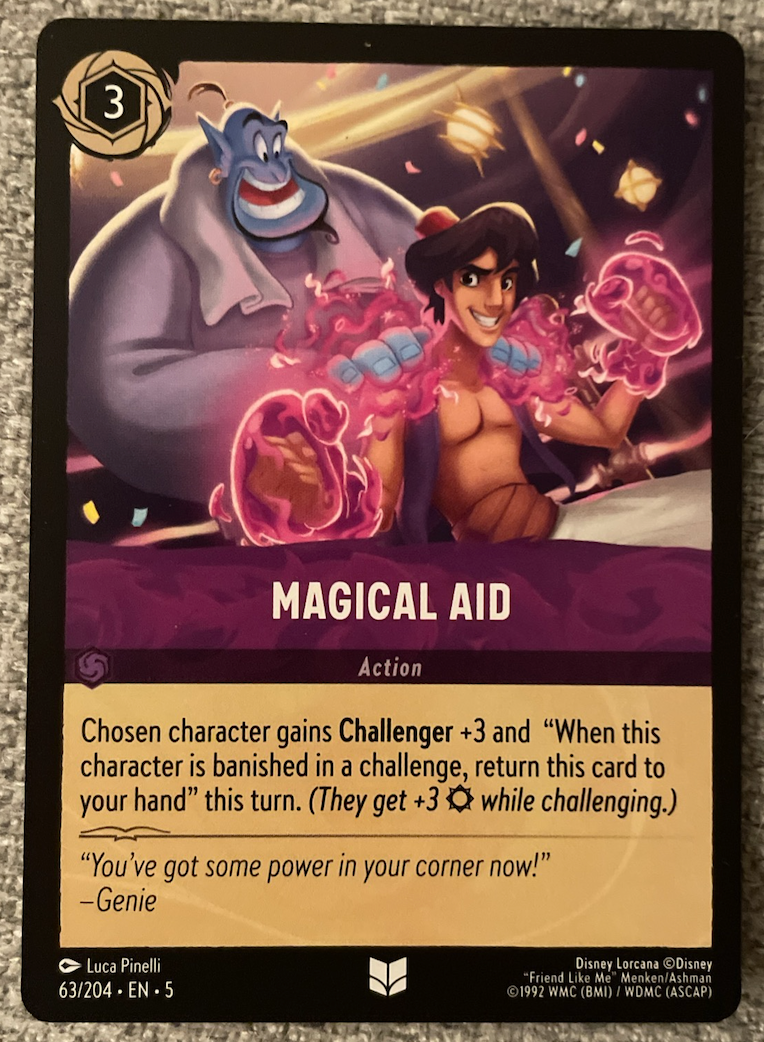 Disney Lorcana Magical Aid card #63 featuring Aladdin and Genie with Amethyst action from Azurite Sea set