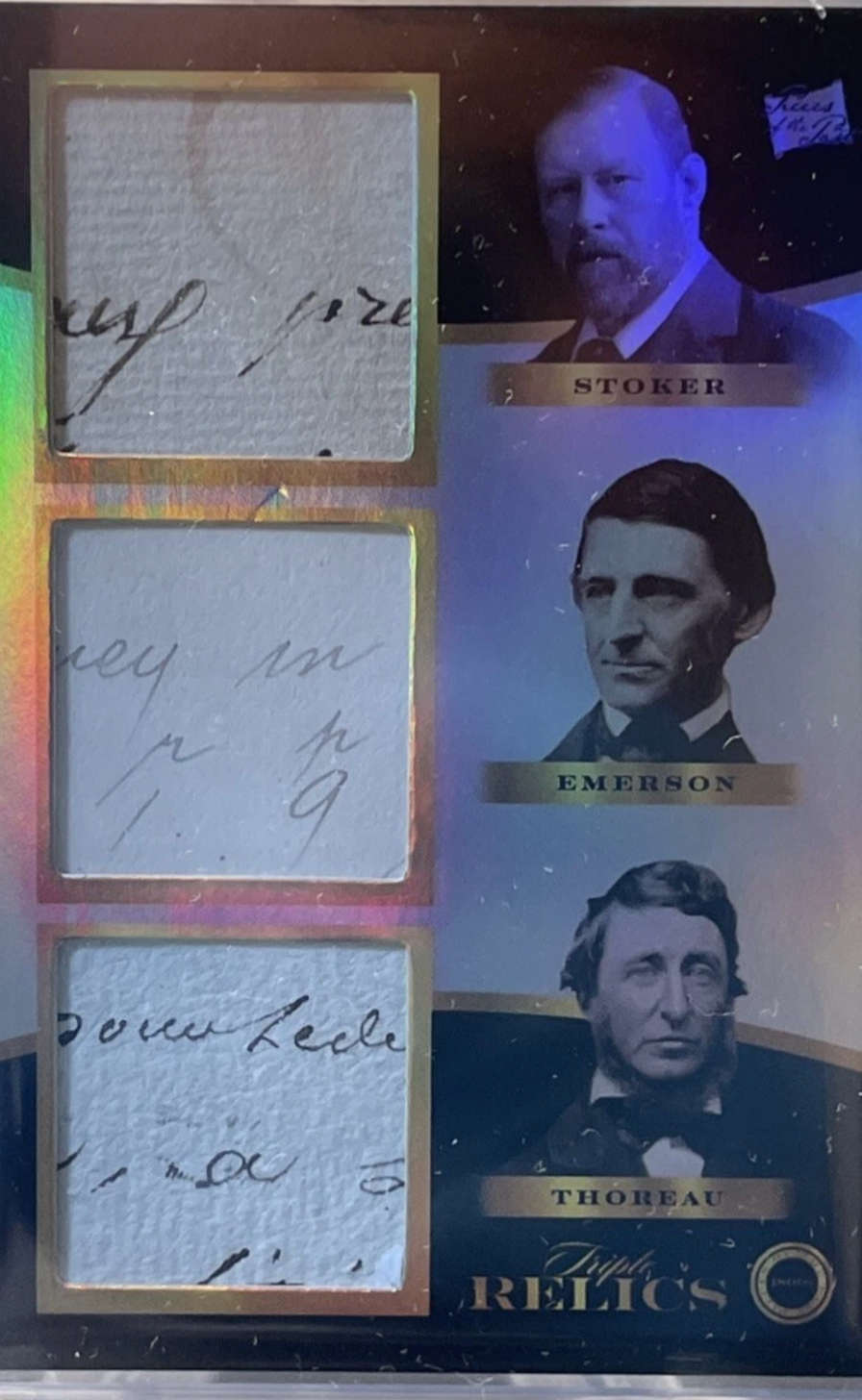 Triple Relics literary relic card featuring manuscript fragments of Emerson, Thoreau, and Stoker