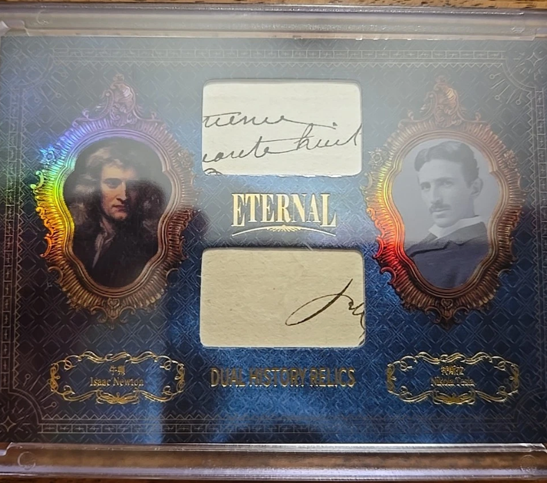 Isaac Newton and Nikola Tesla dual manuscript relic card showcasing authentic historical scientific documents