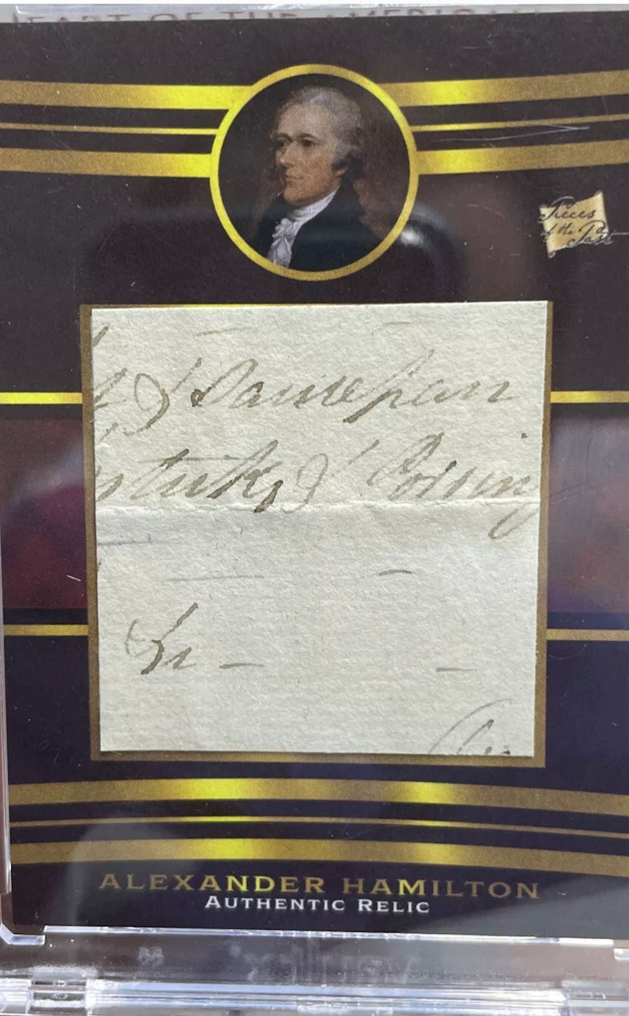 Alexander Hamilton authentic relic card with handwritten historical manuscript fragment and cursive ink on aged paper