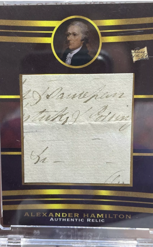 Alexander Hamilton authentic relic card with handwritten historical manuscript fragment and cursive ink on aged paper
