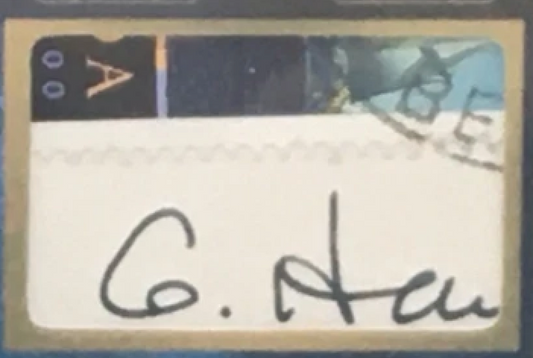Close-up of embedded historical paper relic with bold ink inscription on Yuri Gagarin Eternal card