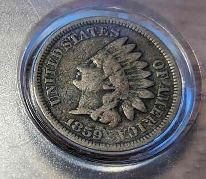 1859 Indian Head Cent, pre-Civil War era coin featuring Lady Liberty, collectible for history enthusiasts.