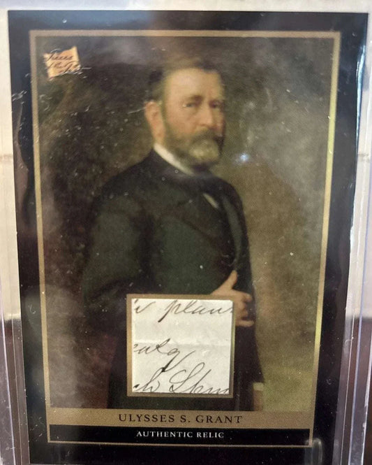 Ulysses S. Grant relic card featuring authentic handwriting fragment and presidential signature cut.