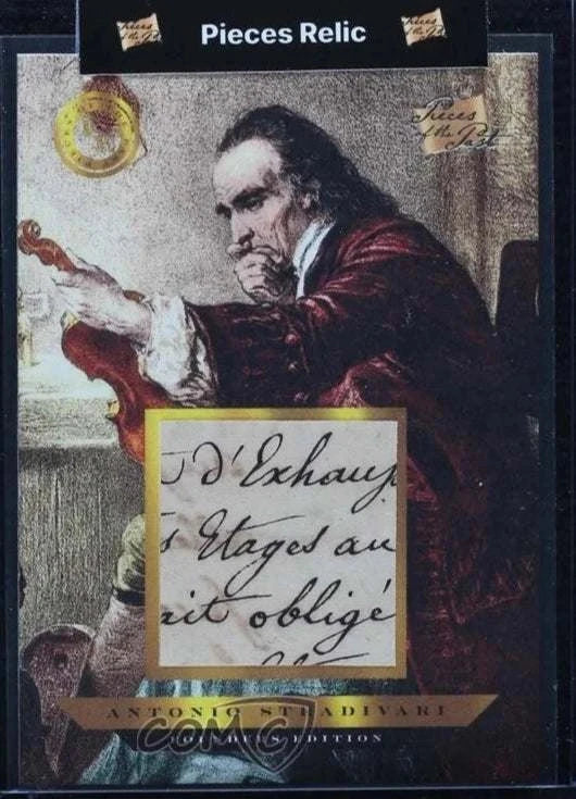 Antonio Stradivari collectible card featuring a handwritten fragment and artwork of Stradivari in his Cremona workshop with holographic Pieces Relic branding.