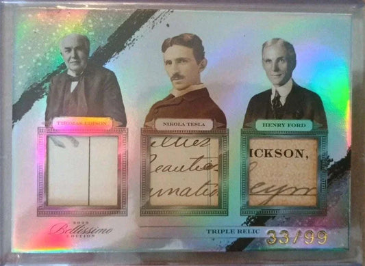 Tesla Edison & Ford 2023 Bellissimo Edition triple relic card with authentic handwritten fragments and portraits of Nikola Tesla, Thomas Edison, and Henry Ford, numbered 33/99.