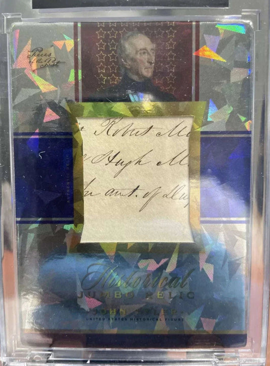 John Tyler authentic handwritten relic embedded in Pieces of the Past jumbo card with holographic foil accents and portrait of the 10th U.S. president.