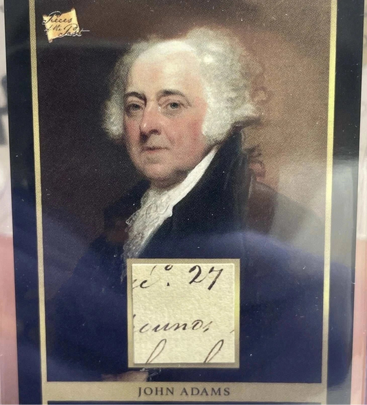 John Adams Pieces of the Past relic card featuring handwritten 18th-century document fragment and portrait