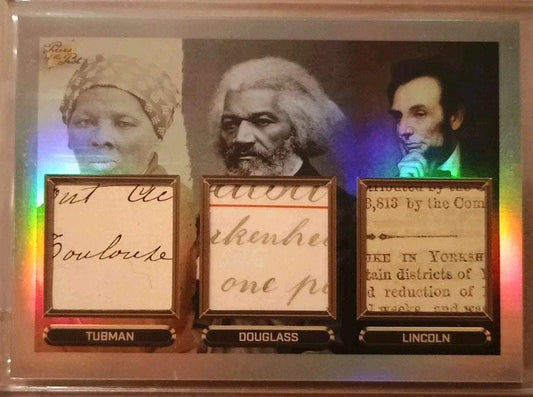 Pieces of the Past Freedom Triad triple relic card featuring Harriet Tubman, Frederick Douglass, and Abraham Lincoln with historical document fragments