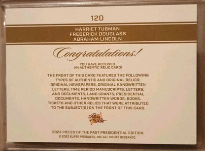 2022 Pieces of the Past “Freedom Triad” Triple Relic Card – Harriet Tubman, Frederick Douglass, Abraham Lincoln – American Icons