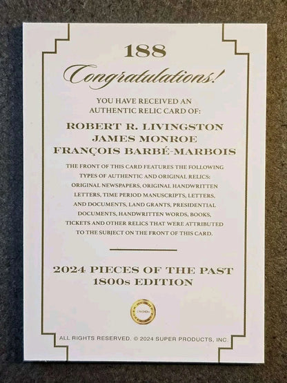 Triple Relics: Louisiana Purchase Handwriting Relic Card – Livingston, Monroe & Barbé-Marbois