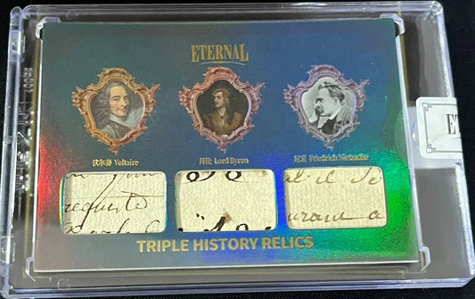 2024 Eternal Cuts World Celebrities Edition triple history relic featuring handwritten manuscript fragments of Voltaire, Lord Byron, and Friedrich Nietzsche showcasing intellectual history.