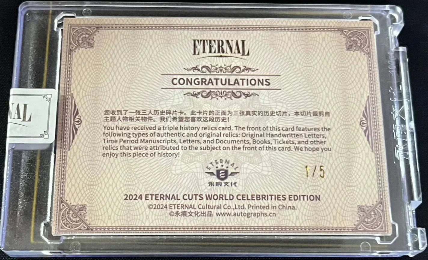 2024 Eternal Cuts Triple History Relic card featuring authentic handwritten manuscript fragments of Voltaire, Lord Byron, and Friedrich Nietzsche, limited edition 1 of 5.